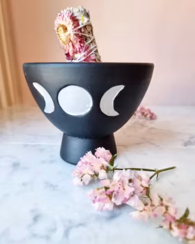 Skål för salviabunt & rökelse, svart med månfaser