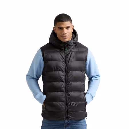 Vadderad väst med huva i återvunnet material för herr | 2786