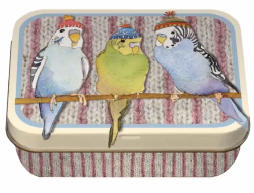 BUDGIES IN BEANIES - MINI RECTANGULAR TIN (ASK)