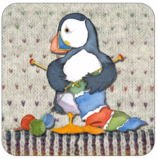 KNITTING WOOLLY PUFFINS SINGLE COASTER (UNDERLÄGG)