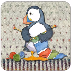 KNITTING WOOLLY PUFFINS SINGLE COASTER (UNDERLÄGG)