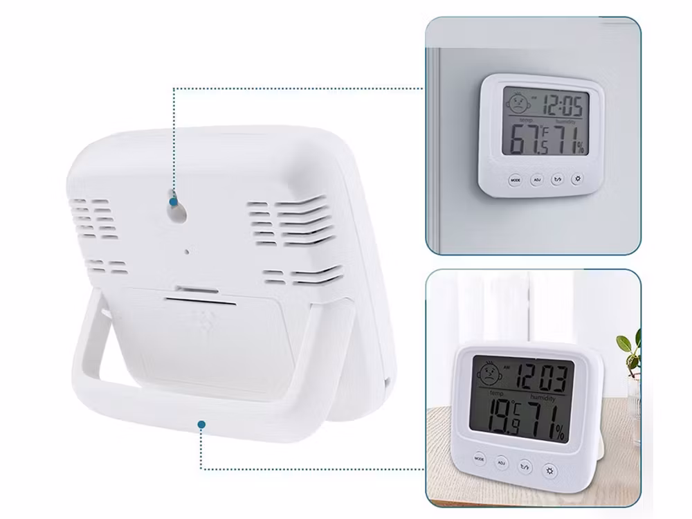 Termometer, hygrometer och elektronisk intern klocka
