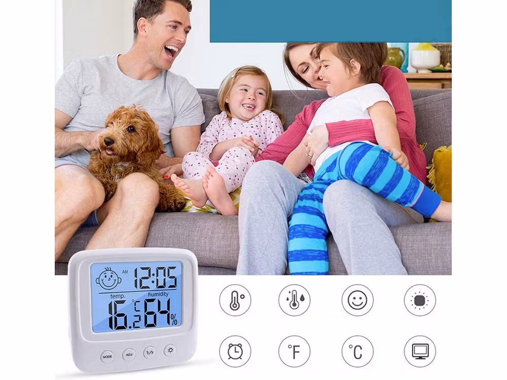 Termometer, hygrometer och elektronisk intern klocka