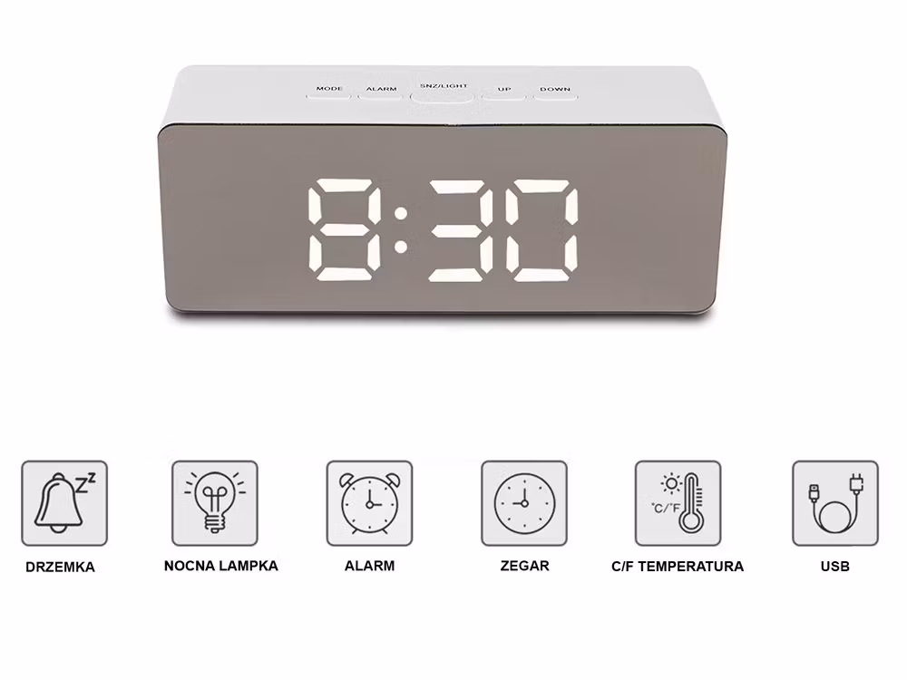 LED-väckarklocka LED-timer LED-spegel alarm datum 4-i-1