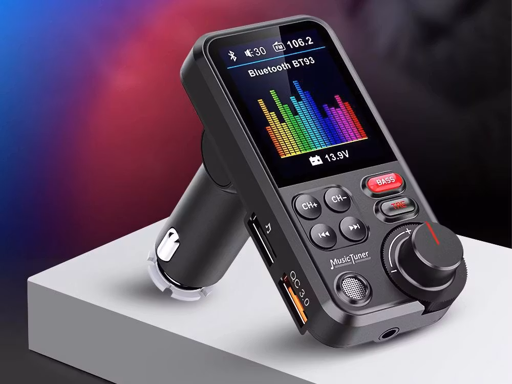 Bluetooth-sändare 5.0 FM-högtalartelefon USB QC TF Bas LCD 12-24V