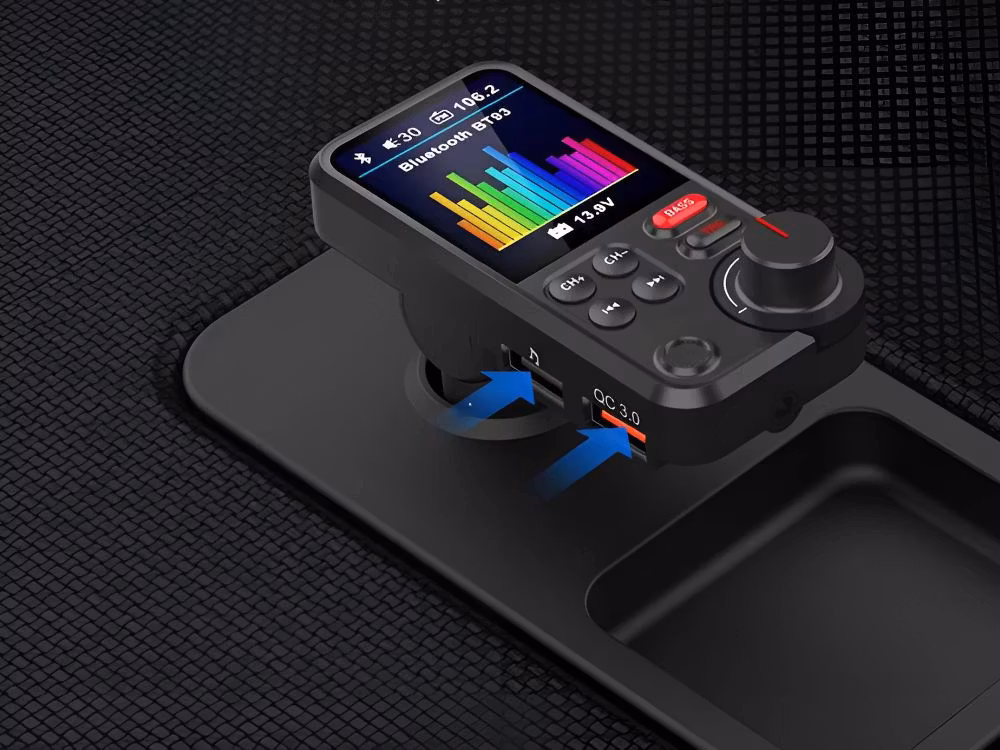 Bluetooth-sändare 5.0 FM-högtalartelefon USB QC TF Bas LCD 12-24V