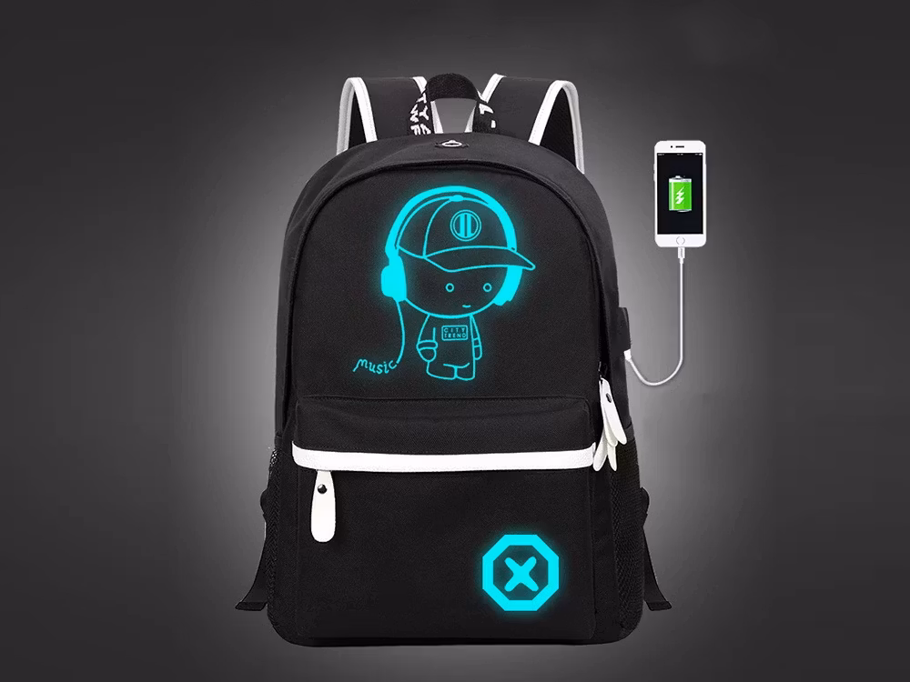 Skolryggsäck ungdom musik reflekterande usb multifack självlysande