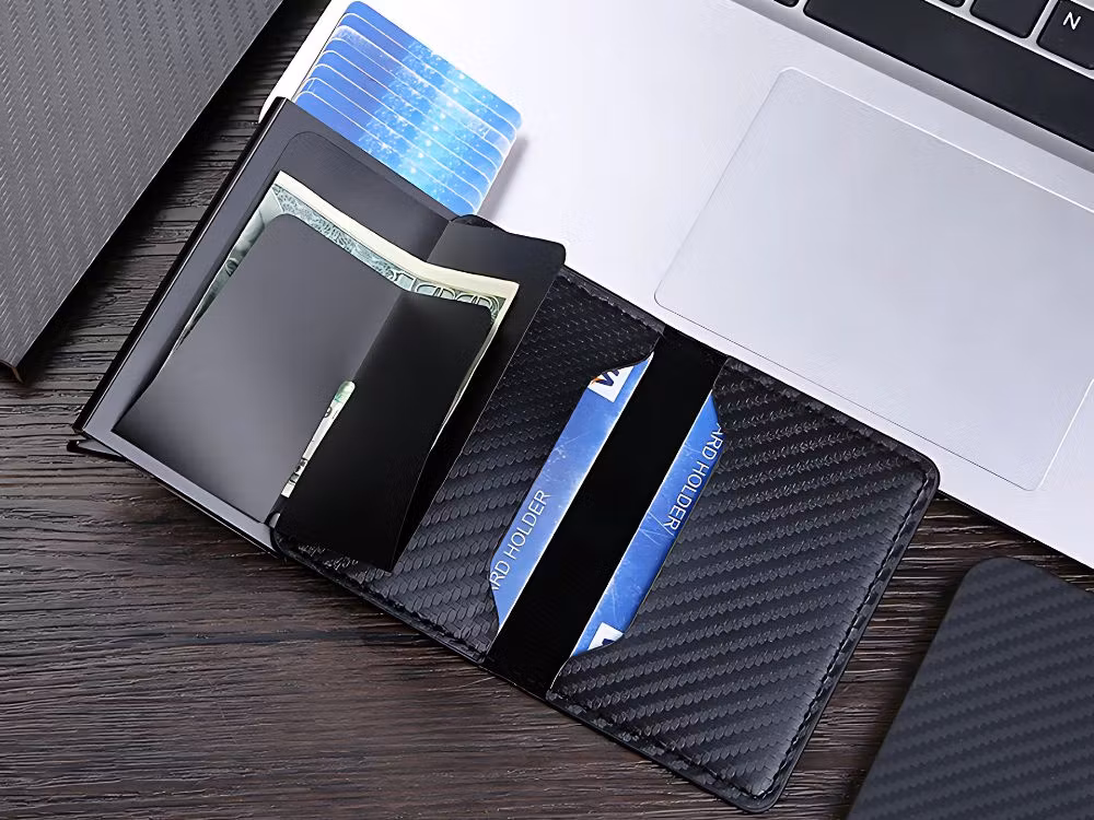 Miesten RFID-varkaudenestoinen lompakko, musta, korteille ja seteleille, ekonahka