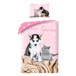Sengetøjssæt med Dyr, Lykkelige Sammen og Katte-tema, 140x200 cm, 70x90 cm