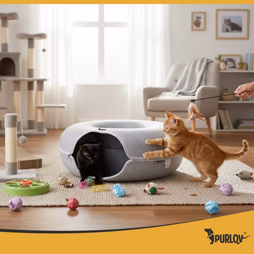 Kattbädd, antistress rund tunnel för liggplats för illrar