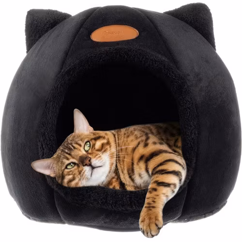 Plysch kattbädd - katthus, plyschbädd för vintern med öron, svart