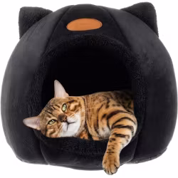 Plush cat bed - cat house, plush bed for winter with ears, black