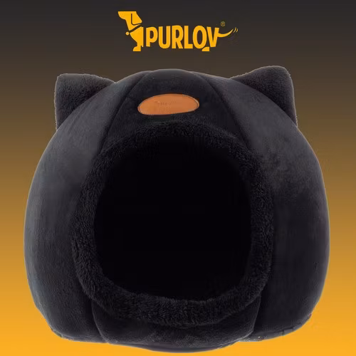 Plysch kattbädd - katthus, plyschbädd för vintern med öron, svart