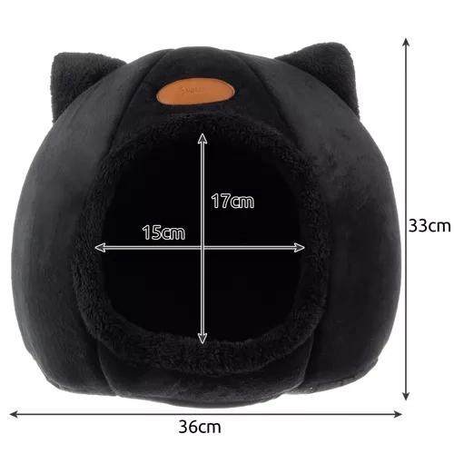 Plysch kattbädd - katthus, plyschbädd för vintern med öron, svart