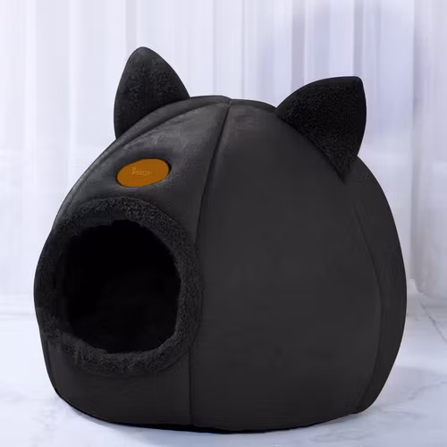 Plysch kattbädd - katthus, plyschbädd för vintern med öron, svart