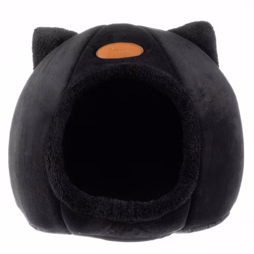 Plysch kattbädd - katthus, plyschbädd för vintern med öron, svart