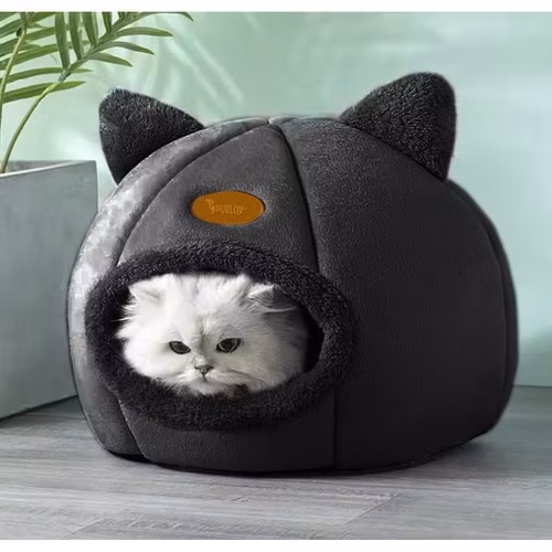 Plysch kattbädd - katthus, plyschbädd för vintern med öron, svart