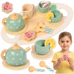 Barnteservis grön  barnköksset - bricka, tekanna, koppar, skedar - lektillbehör