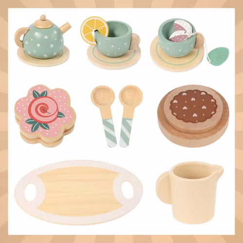 Barnteservis grön  barnköksset - bricka, tekanna, koppar, skedar - lektillbehör