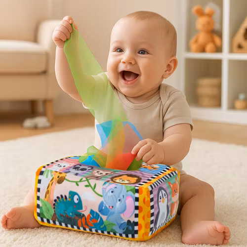 Sorteringslåda med näsdukar, plysch, Montessori, sensoriskt för barn 0+ - lärande genom lek