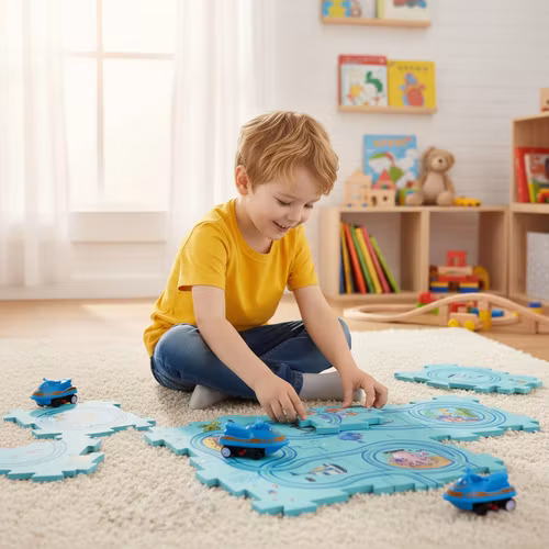 Banpussel för montering, rutt, kreativ och pedagogisk, vägmatta bilar 25 bitar