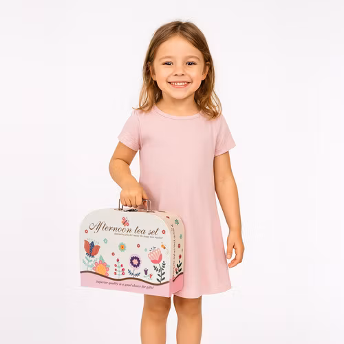 Teservis för flickor i resväska med kakor och koppar