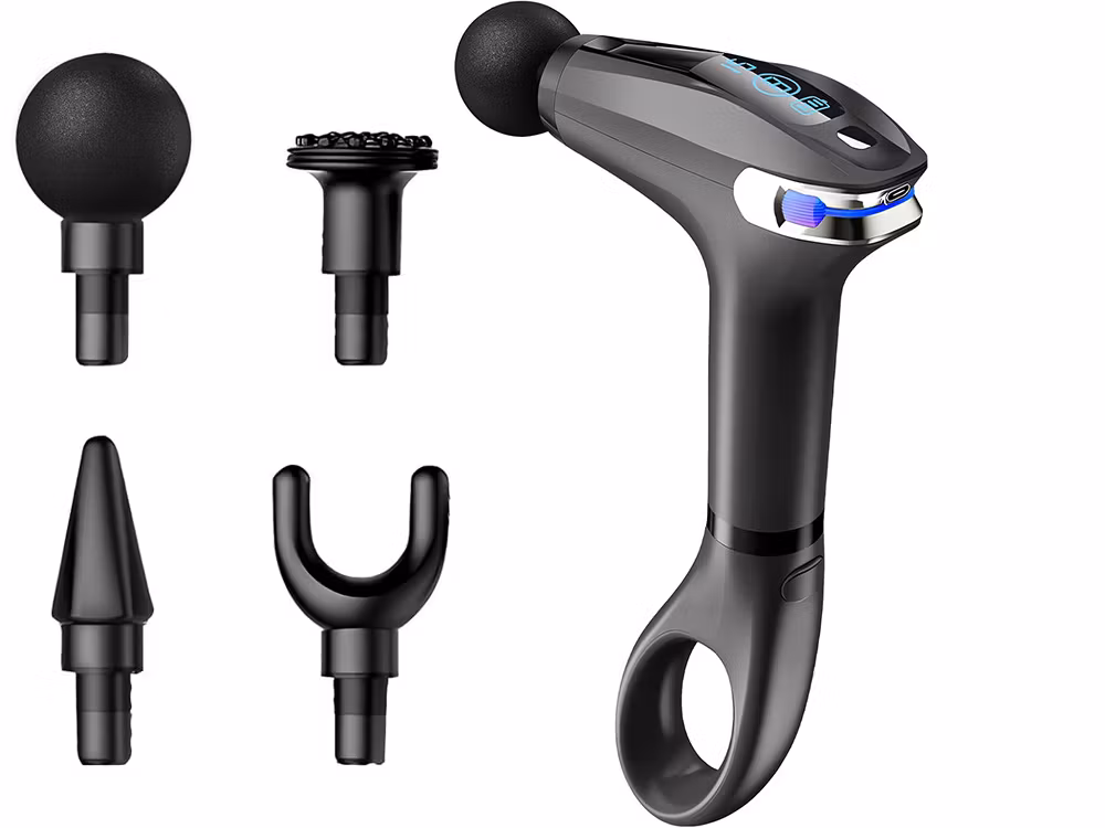 Musta hierontapistooli selälle, vartalolle ja jaloille – Tehokas lihashieronta neljällä kärjellä