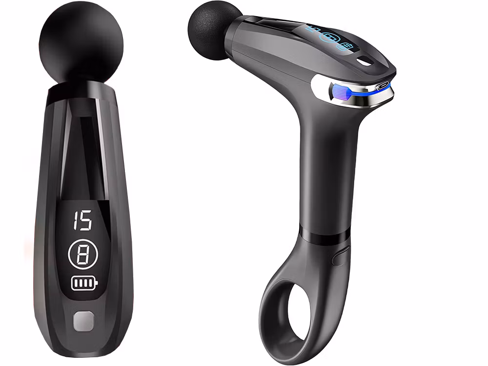 Musta hierontapistooli selälle, vartalolle ja jaloille – Tehokas lihashieronta neljällä kärjellä