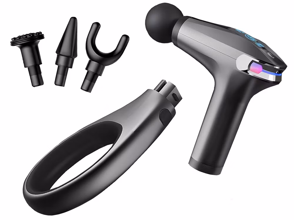 Musta hierontapistooli selälle, vartalolle ja jaloille – Tehokas lihashieronta neljällä kärjellä