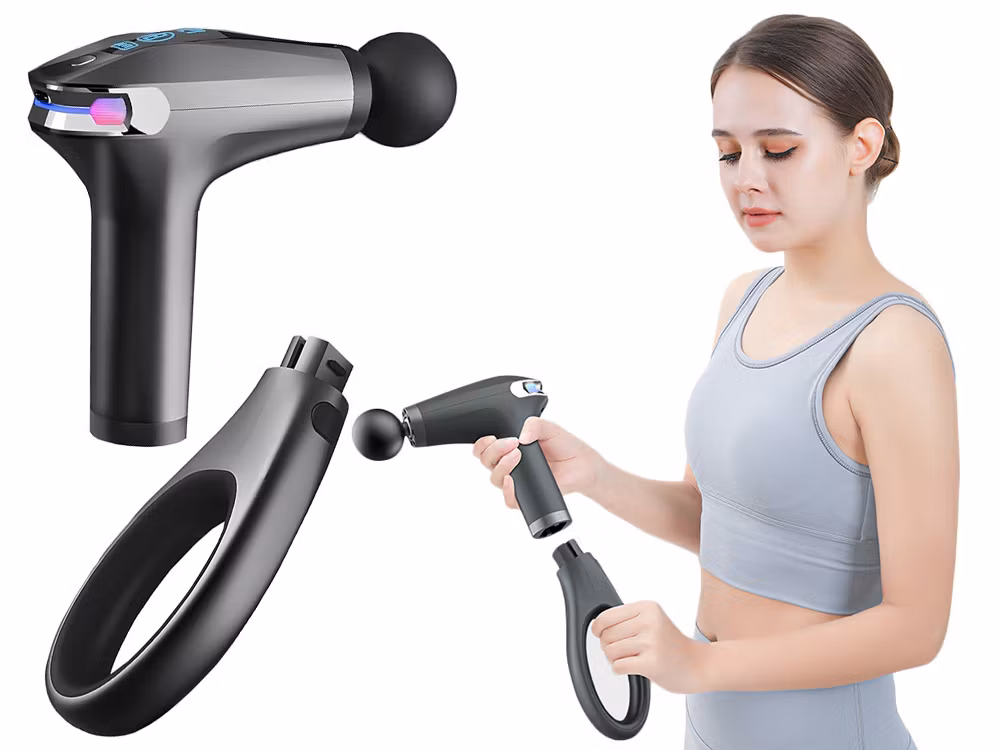 Musta hierontapistooli selälle, vartalolle ja jaloille – Tehokas lihashieronta neljällä kärjellä