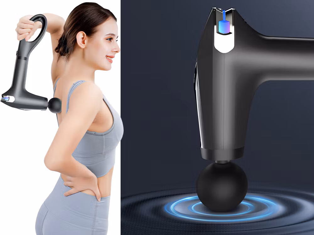 Musta hierontapistooli selälle, vartalolle ja jaloille – Tehokas lihashieronta neljällä kärjellä