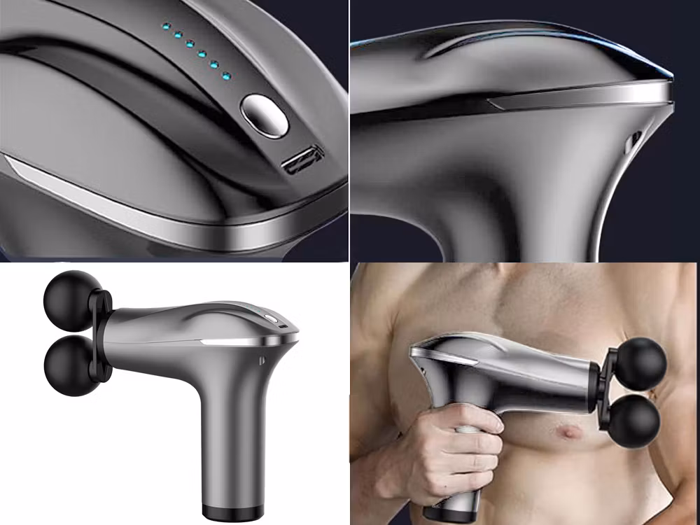 Silver Massagepistol för Rygg, Kropp & Ben – Stark Muskelmassage med 4 Spetsar