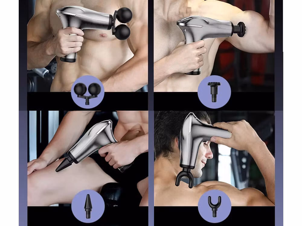 Silver Massagepistol för Rygg, Kropp & Ben – Stark Muskelmassage med 4 Spetsar