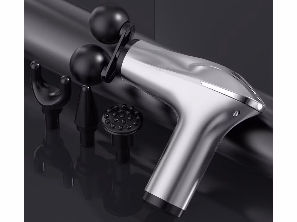 Silver Massagepistol för Rygg, Kropp & Ben – Stark Muskelmassage med 4 Spetsar