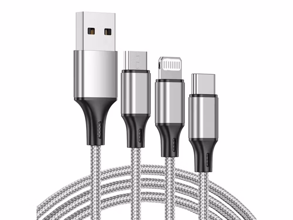 3-i-1 USB-kabel 1,2 m – Lightning, USB-C & Micro-USB laddkabel för iPhone, Samsung & Android