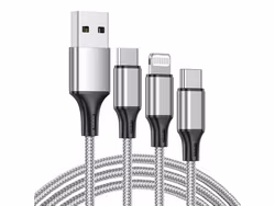 3-i-1 USB-kabel 1,2 m – Lightning, USB-C & Micro-USB laddkabel för iPhone, Samsung & Android