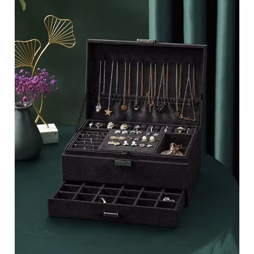 Svart Smyckeskrin – Smyckesförvaring med Fack för Ringar & Halsband