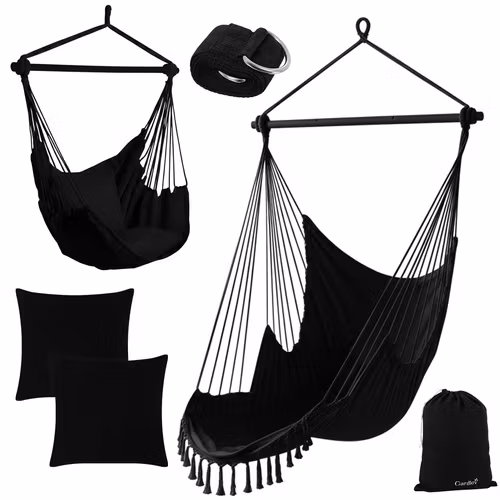 Hängstol 210 cm Svart – GARDLOV Boho Hänggunga med Kuddar, Metallstång & Hopfällbar Design