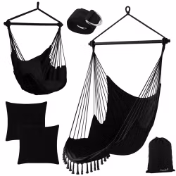 Hängstol 210 cm Svart – GARDLOV Boho Hänggunga med Kuddar, Metallstång & Hopfällbar Design