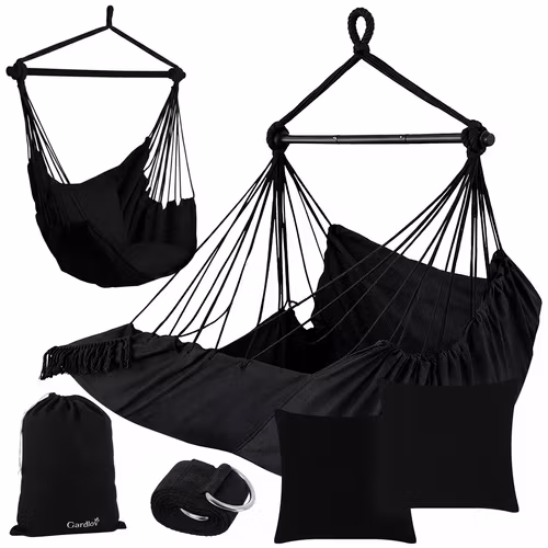 Hängstol 210 cm Svart – GARDLOV Boho Hänggunga med Kuddar, Metallstång & Hopfällbar Design