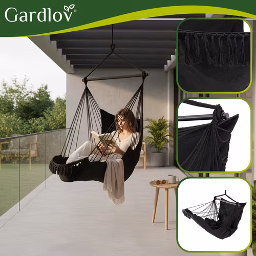 Hängstol 210 cm Svart – GARDLOV Boho Hänggunga med Kuddar, Metallstång & Hopfällbar Design