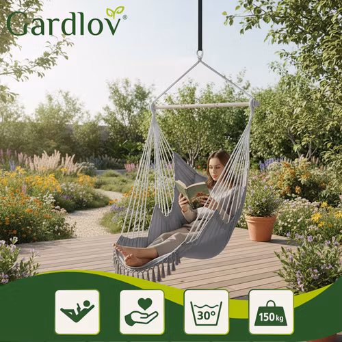 Hängstol 210 cm Grå – GARDLOV Boho Hänggunga med Kuddar, Metallstång & Hopfällbar Design
