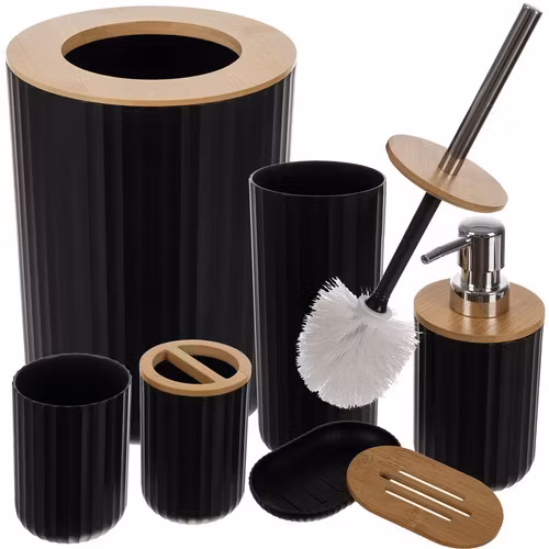 Bathroom accessories set 6 pieces – Black with bamboo | Ruhhy