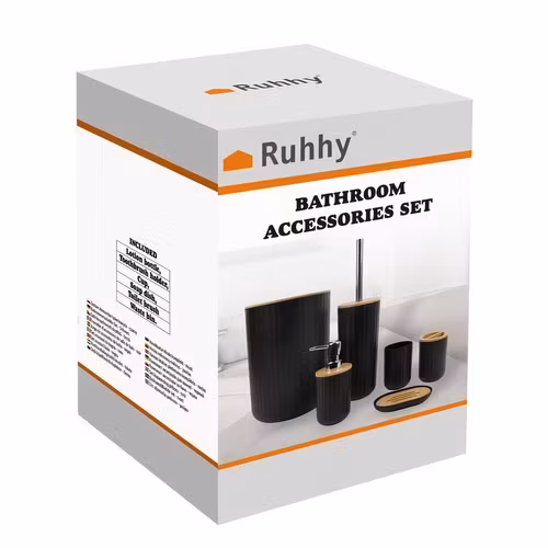 Bathroom accessories set 6 pieces – Black with bamboo | Ruhhy