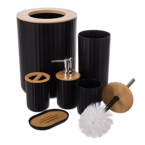 Bathroom accessories set 6 pieces – Black with bamboo | Ruhhy