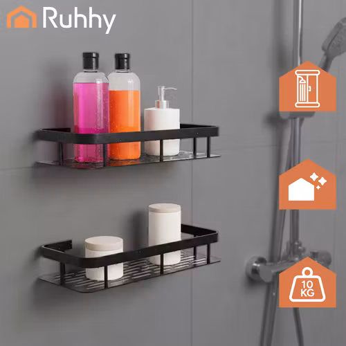 Sort brusehyldesæt med 2 – Vægmonteret badeværelseshylde i aluminium