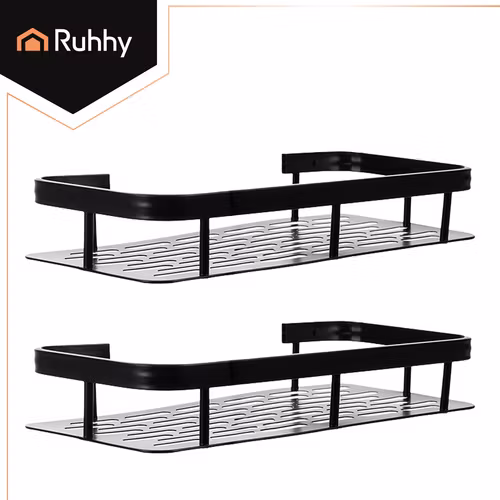 Sort brusehyldesæt med 2 – Vægmonteret badeværelseshylde i aluminium