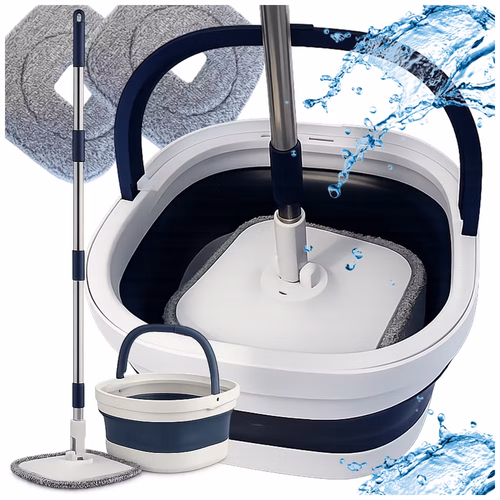 360° Flat Swivel Mop with Foldable Bucket – 2-Pack Rotating Microfiber Bucket