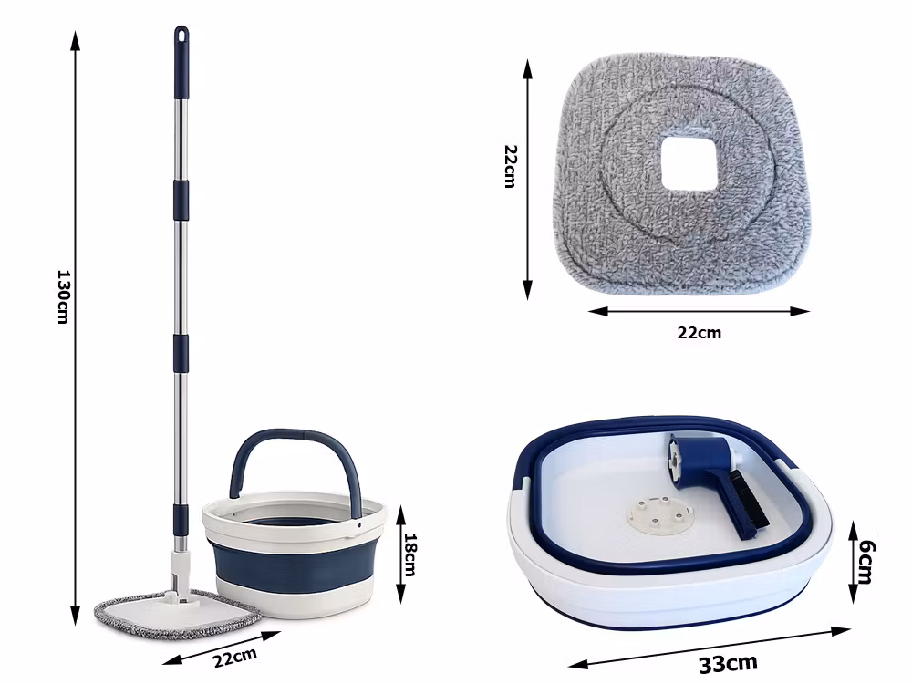 360° Flat Swivel Mop with Foldable Bucket – 2-Pack Rotating Microfiber Bucket