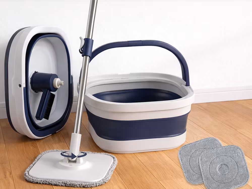 360° Flat Swivel Mop with Foldable Bucket – 2-Pack Rotating Microfiber Bucket